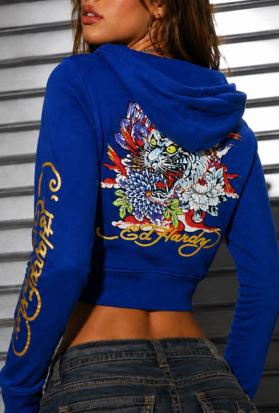 Ed Hardy Women’s XL Blue Cropped Zip Hoodie Tiger Graphic Y2K Tattoo Streetwear